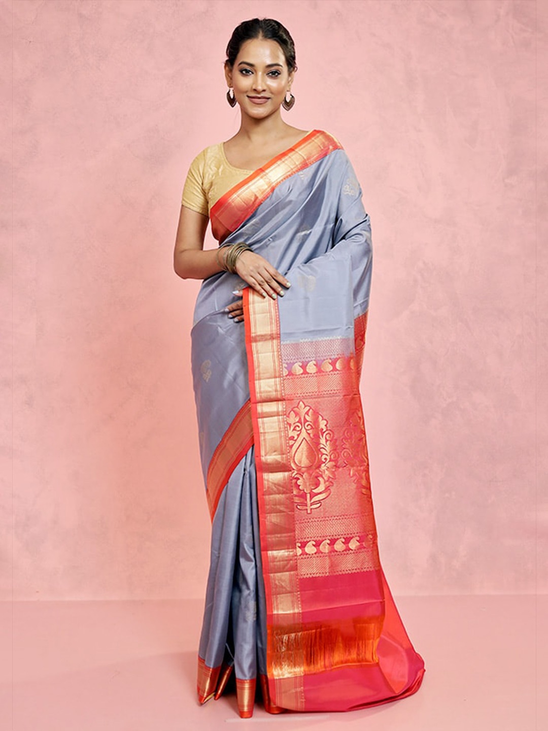 

AllSilks Woven Design Zari Pure Silk Kanjeevaram Saree, Grey