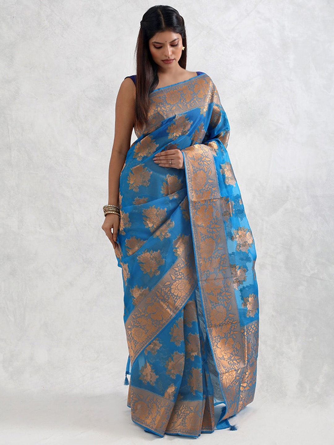 

AllSilks Woven Design Zari Organza Saree, Blue