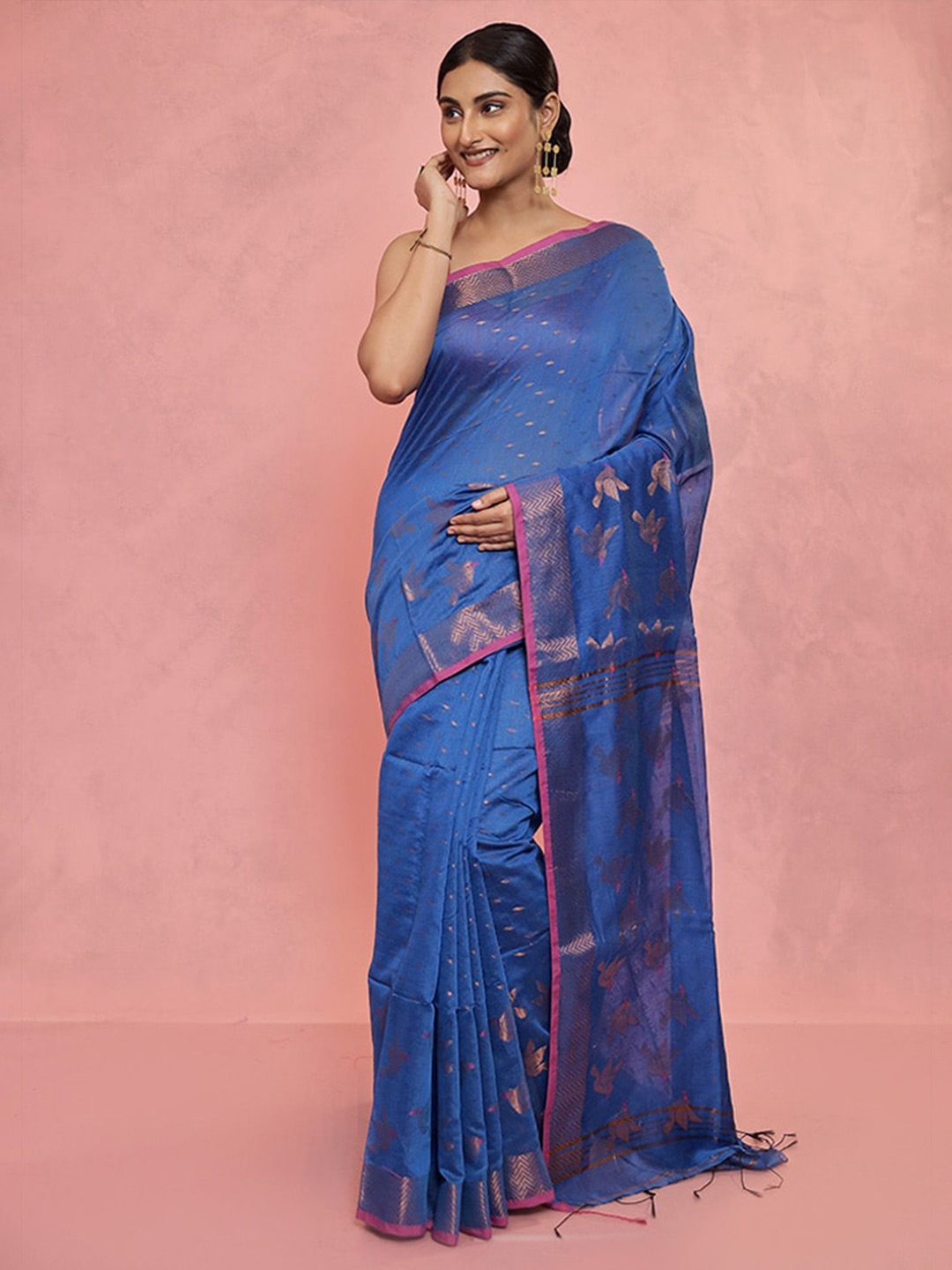 

AllSilks Blue & Gold-Toned Woven Design Zari Silk Blend Saree