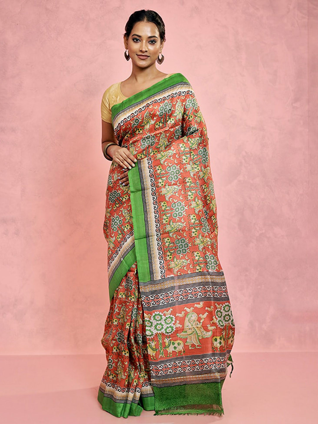 

AllSilks Ethnic Motifs Printed Pure Silk Saree, Rust