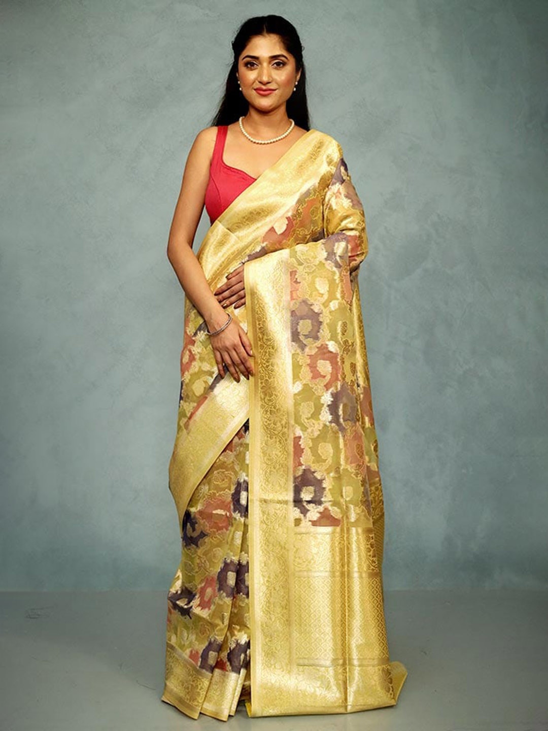 

AllSilks Floral Woven Design Zari Organza Saree, Yellow