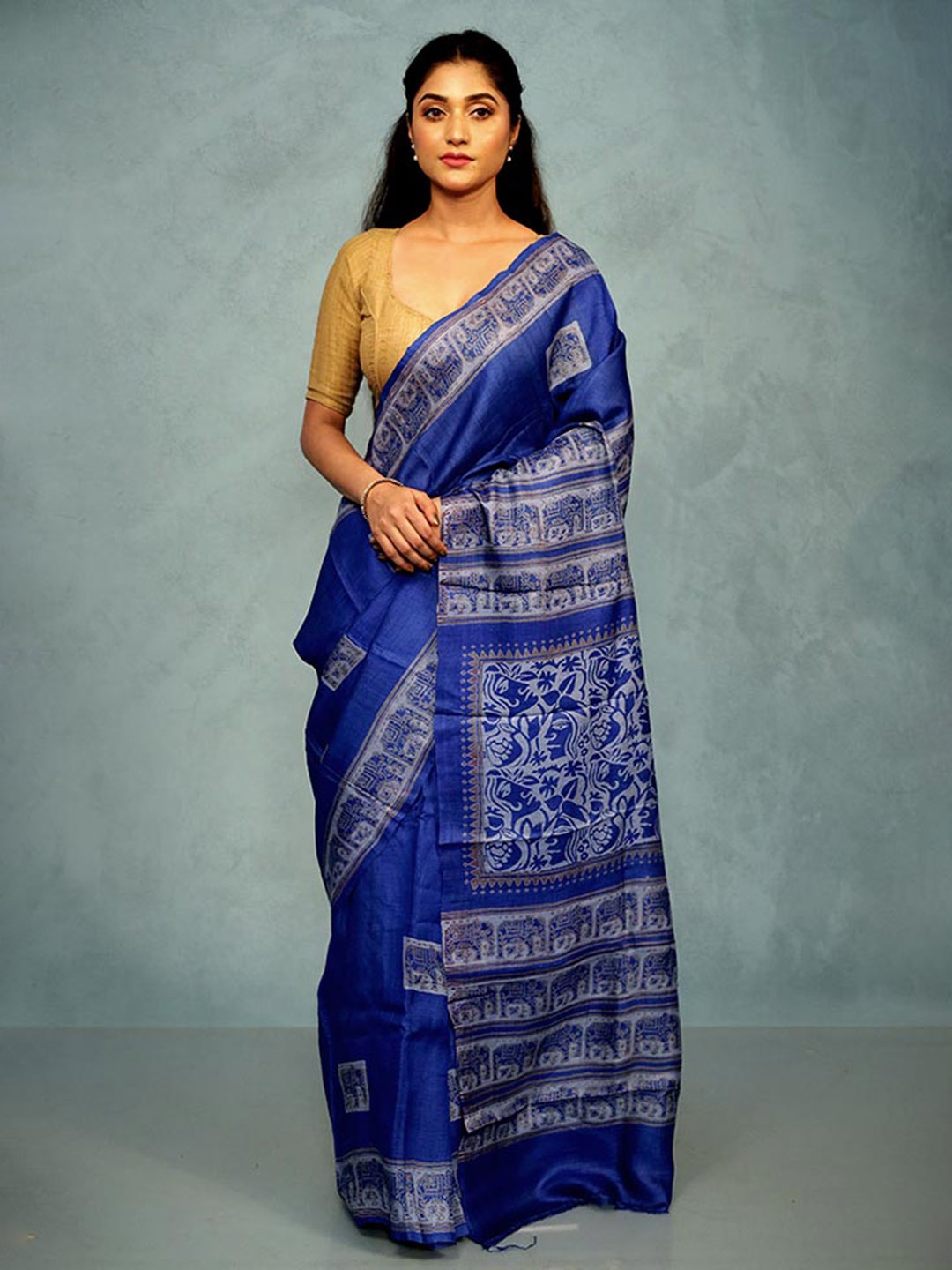 

AllSilks Ethnic Motifs Printed Silk Blend Tussar Saree, Blue