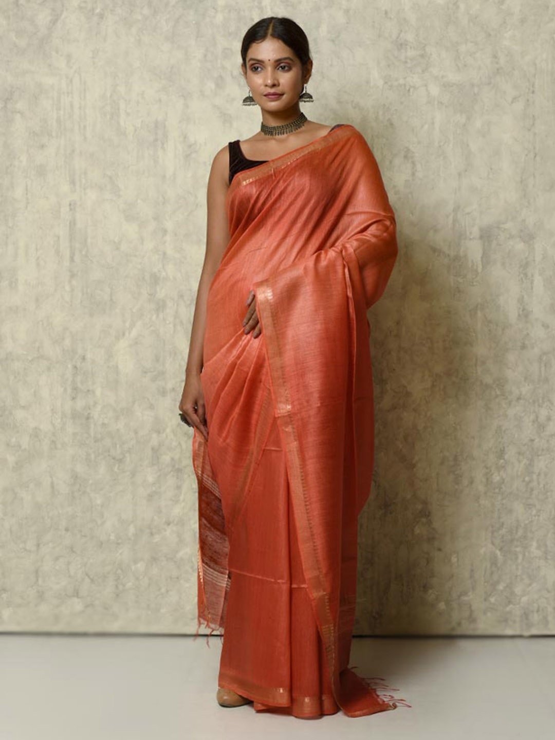 

AllSilks Zari Silk Blend Tussar Saree, Rust