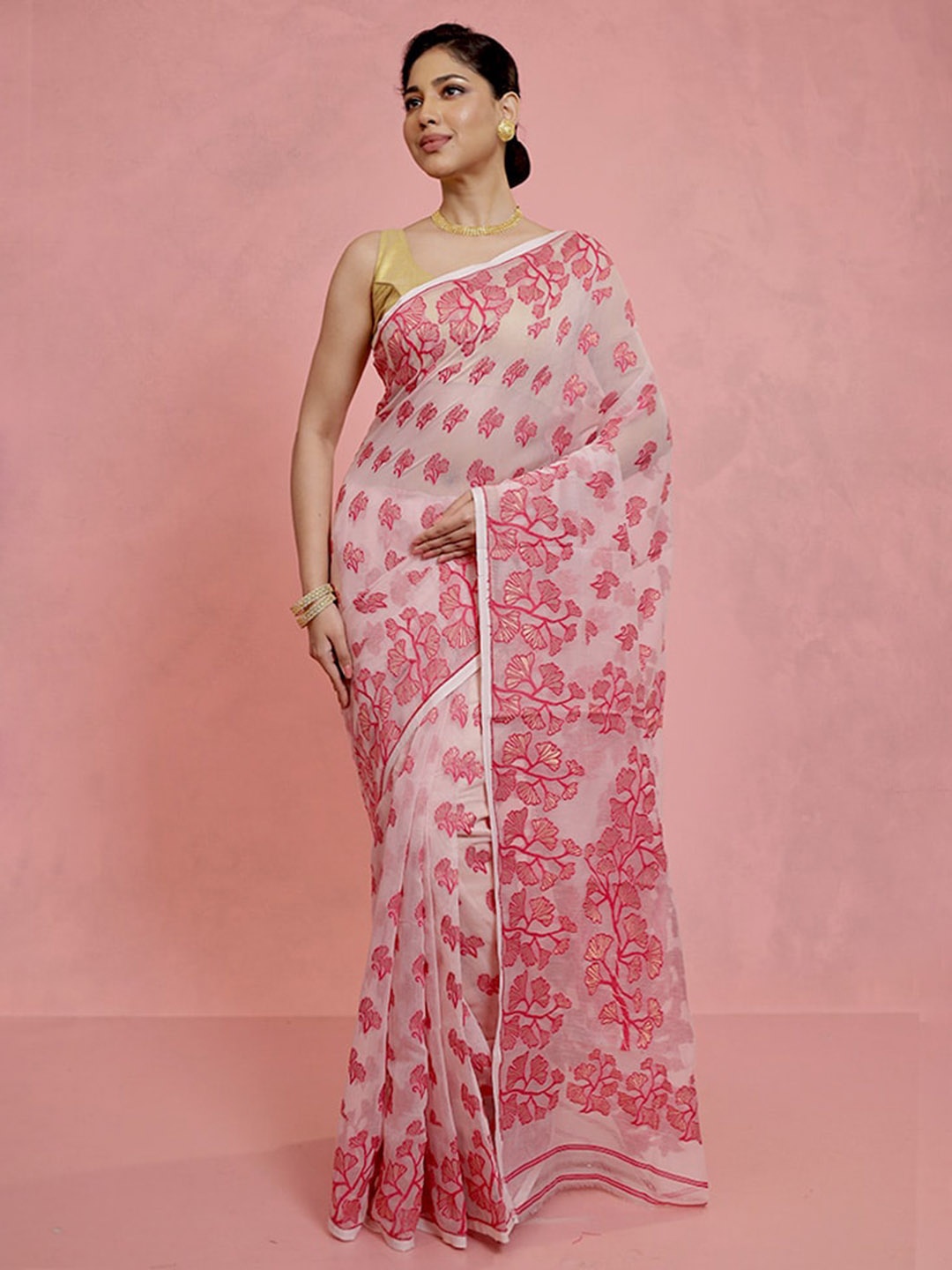 

AllSilks Floral Woven Design Taant Saree, Pink