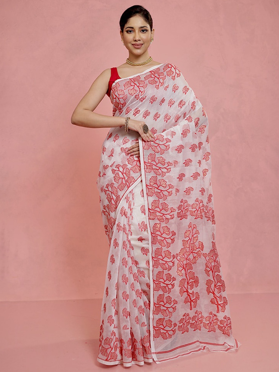 

AllSilks Floral Woven Design Taant Saree, White