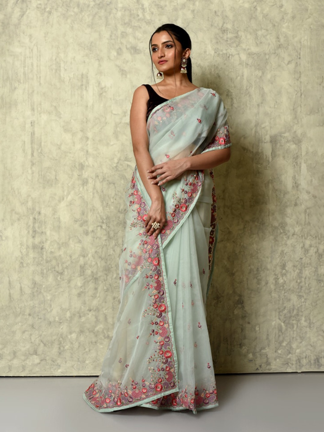 

AllSilks Floral Embroidered Organza Saree, Green