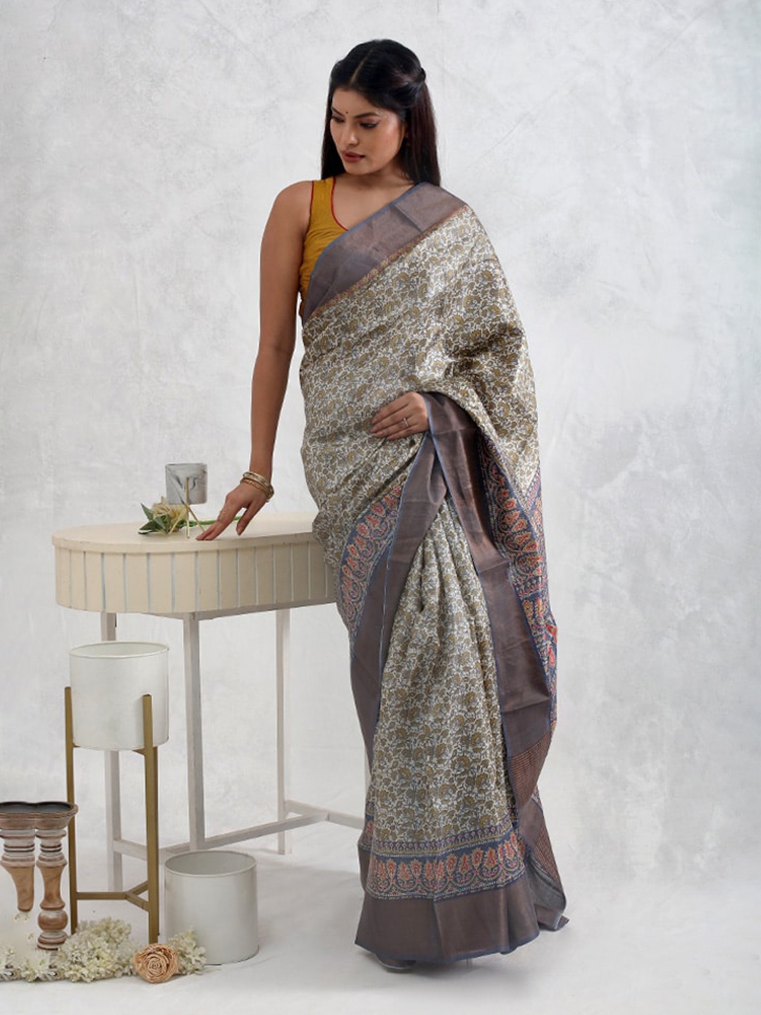

AllSilks Ethnic Motifs Printed Tussar Saree, Cream