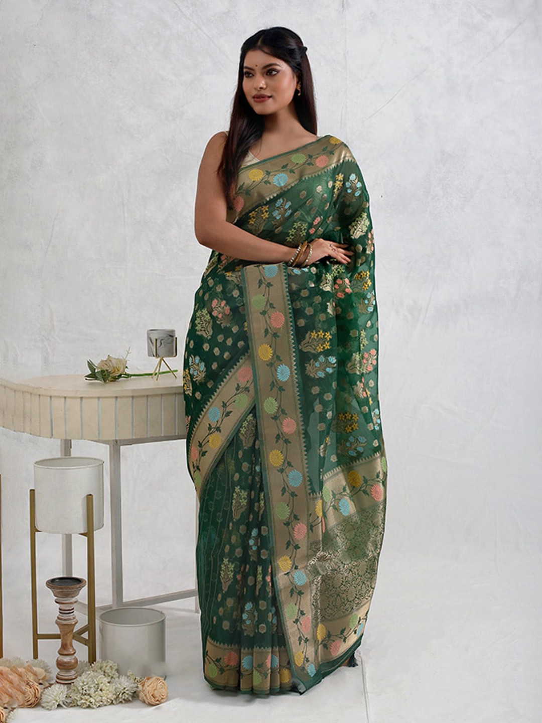 

AllSilks Floral Woven Design Zari Organza Saree, Green