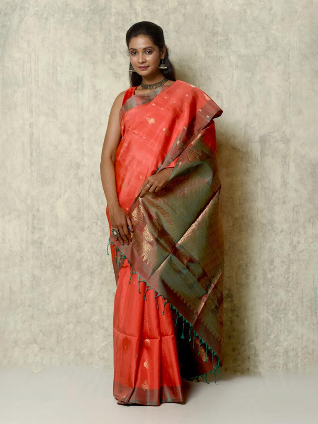 

AllSilks Ethnic Motifs Woven Design Zari Pure Silk Kanjeevaram Saree, Coral