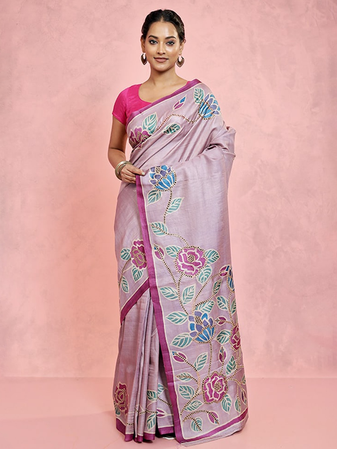 

AllSilks Floral Embroidered Pure Silk Tussar Saree, Purple