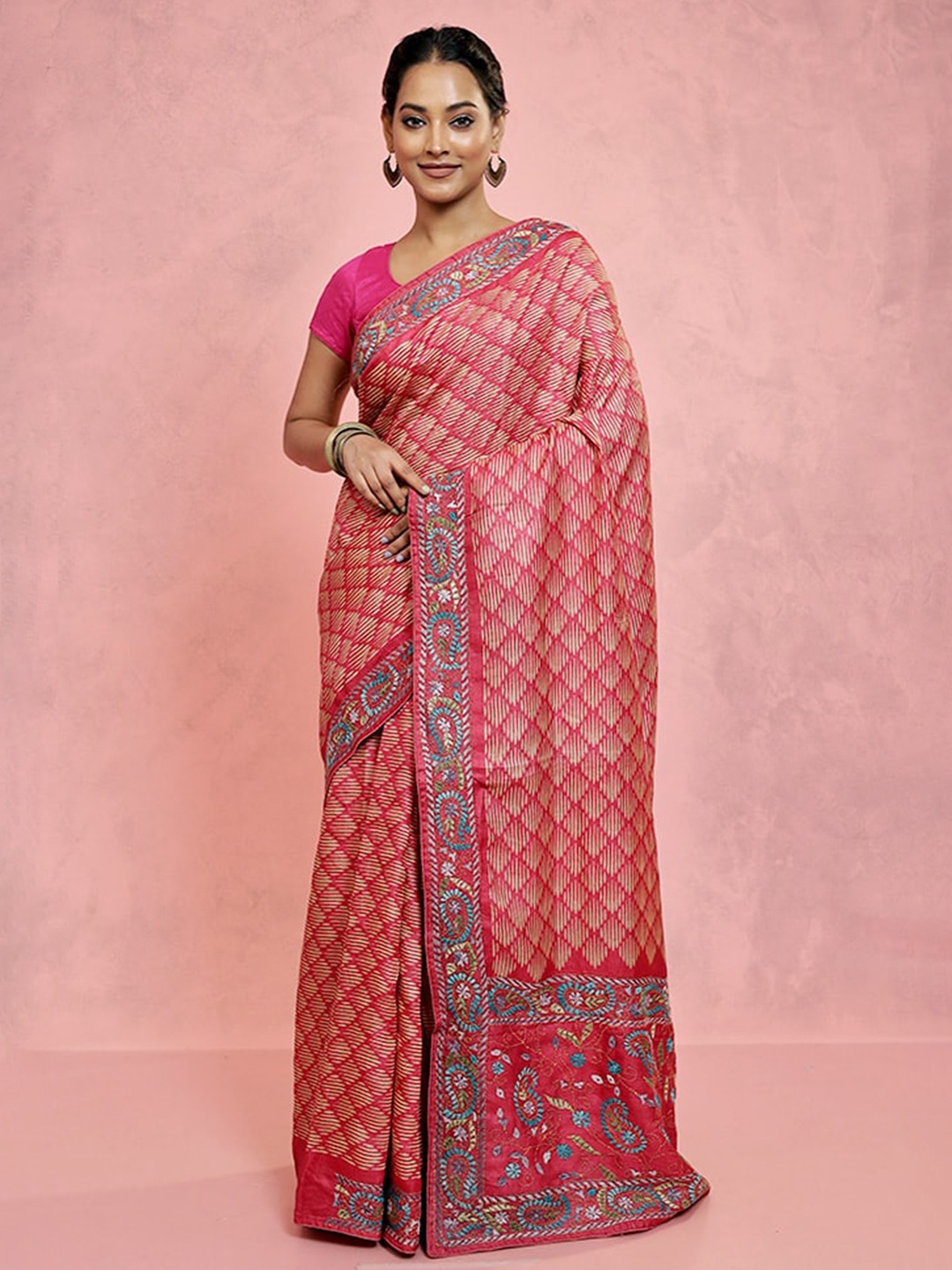 

AllSilks Abstract Printed Embroidered Pure Silk Tussar Saree, Pink