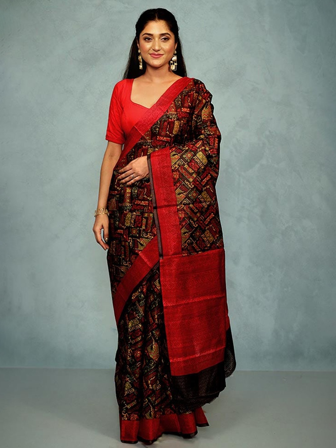 

AllSilks Ethnic Motifs Printed Pure Silk Saree, Black