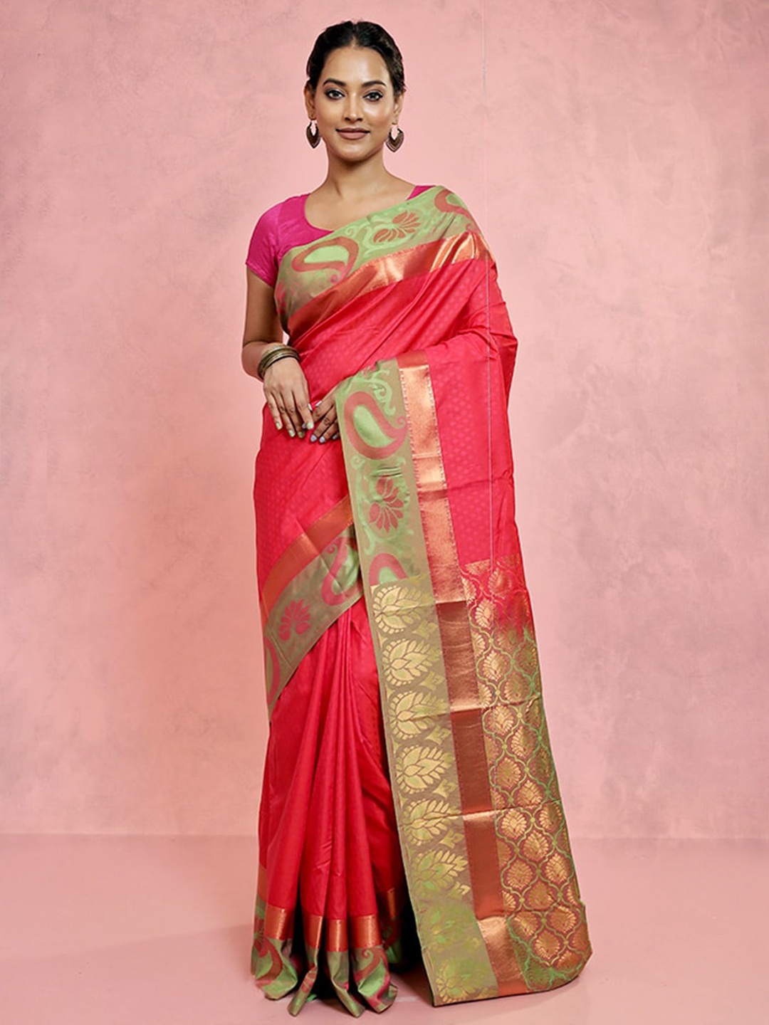 

AllSilks Ethnic Motifs Woven Design Zari Silk Kanjeevaram Saree, Pink