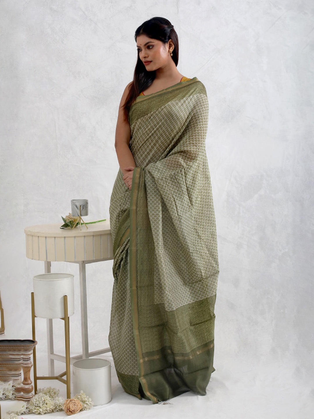 

AllSilks Ethnic Motifs Printed Chanderi Saree, Green