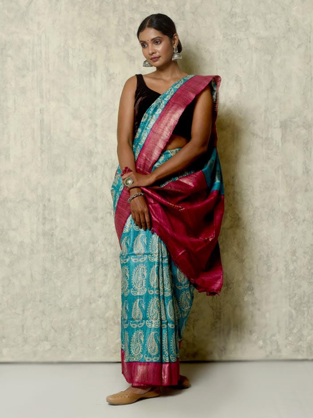 

AllSilks Paisley Printed Zari Tussar Saree, Blue