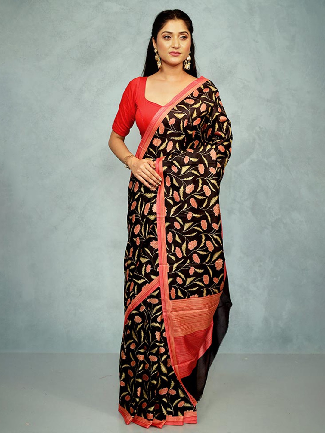 

AllSilks Ethnic Motifs Printed Pure Silk Saree, Black