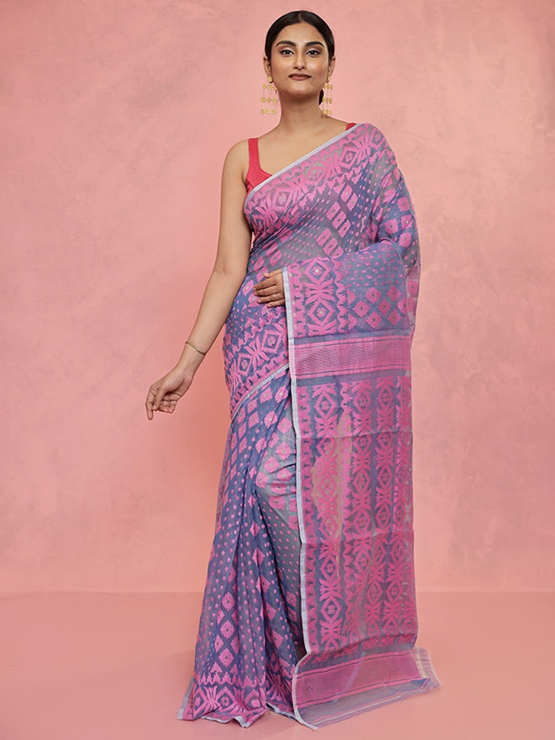 

AllSilks Ethnic Motifs Woven Design Taant Saree, Blue