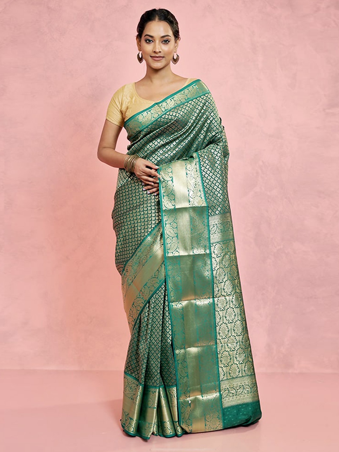 

AllSilks Ethnic Motifs Woven Design Zari Silk Blend Kanjeevaram Saree, Green