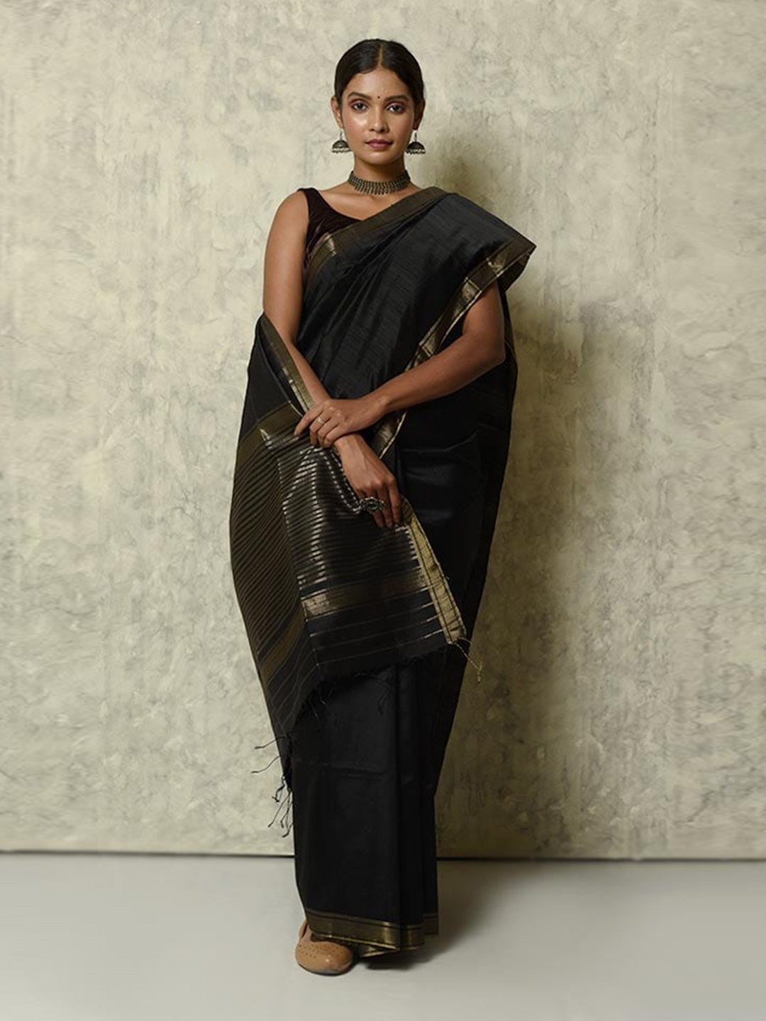 

AllSilks Woven Design Zari Striped Border Saree, Black