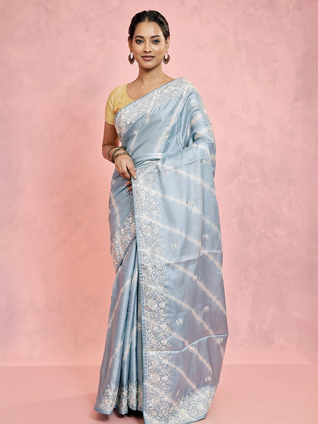 

AllSilks Floral Embroidered Pure Silk Tussar Saree, Grey