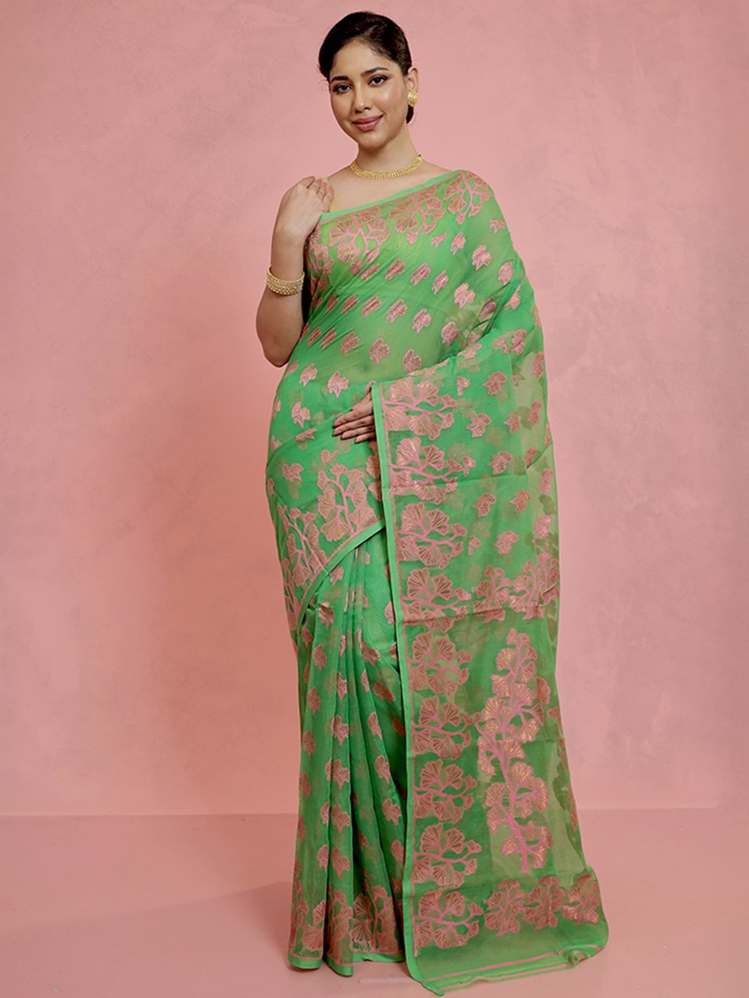 

AllSilks Floral Woven Design Taant Saree, Green