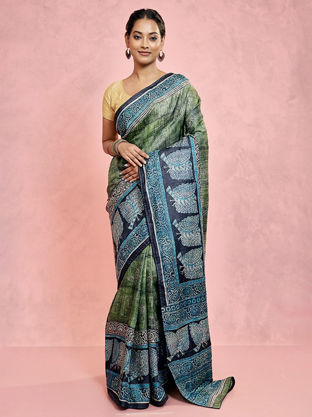 

AllSilks Ethnic Motifs Pure Silk Tussar Saree, Green