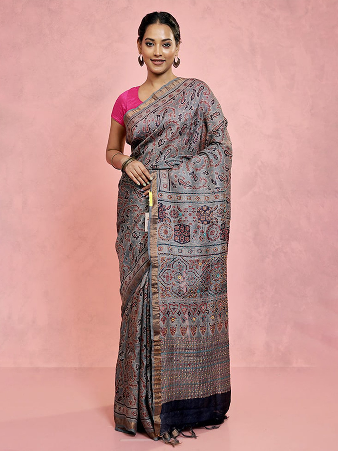 

AllSilks Paisley Printed Zari Pure Silk Tussar Saree, Grey