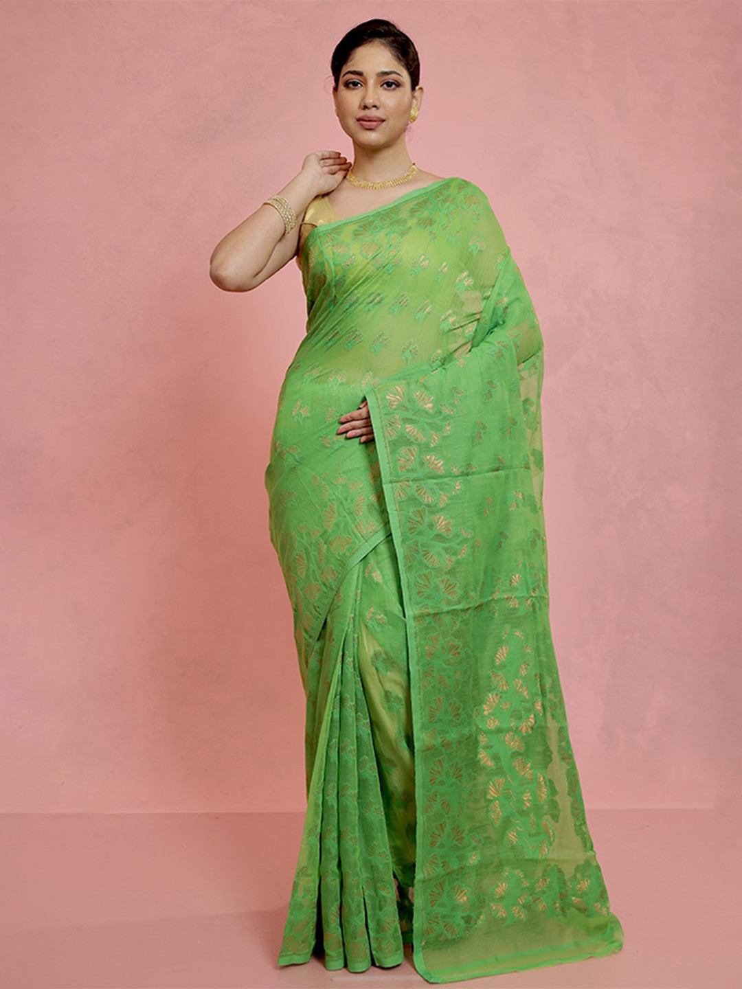 

AllSilks Floral Woven Design Taant Saree, Green