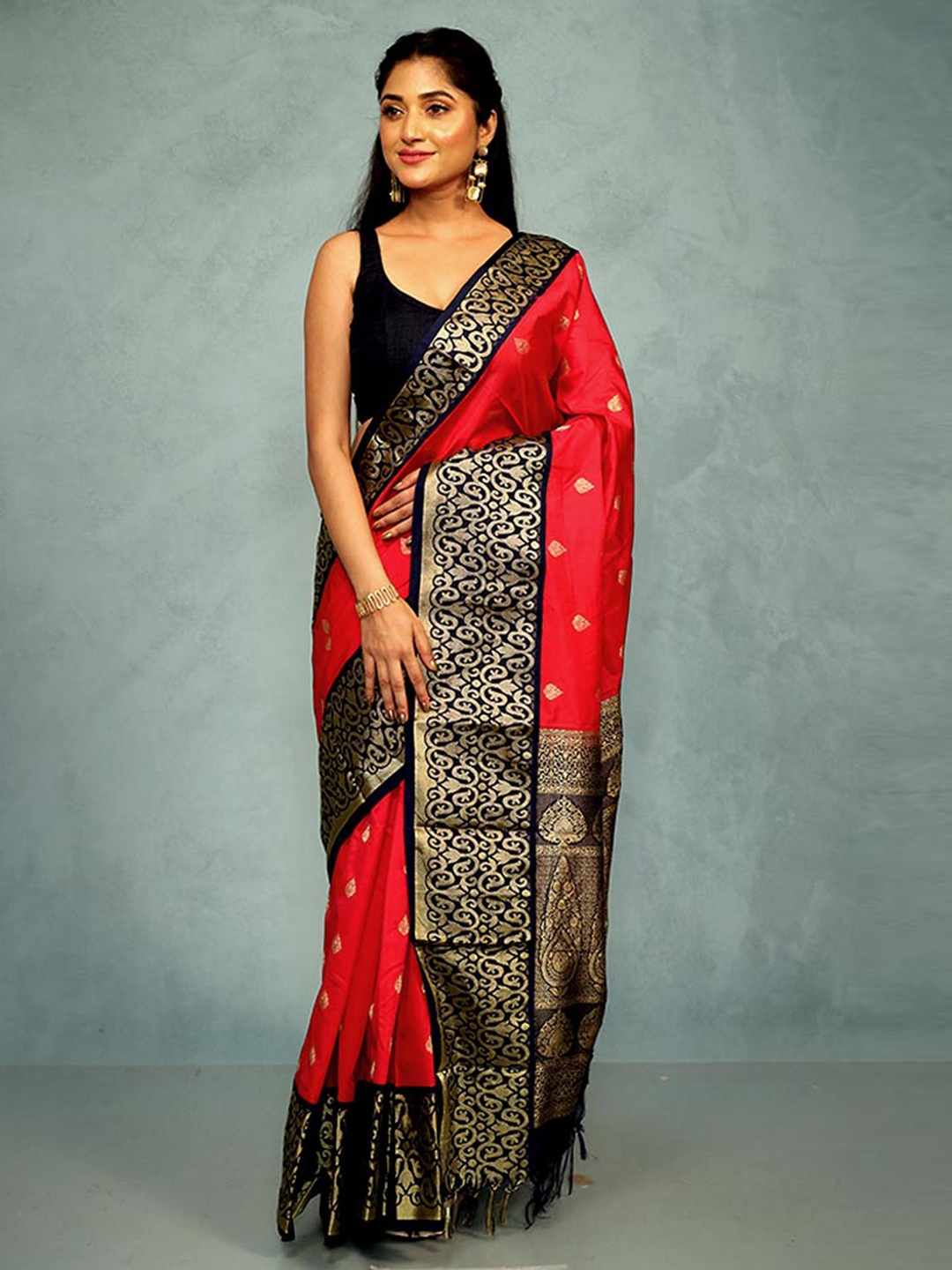 

AllSilks Woven Design Zari Silk Blend Kanjeevaram Saree, Coral