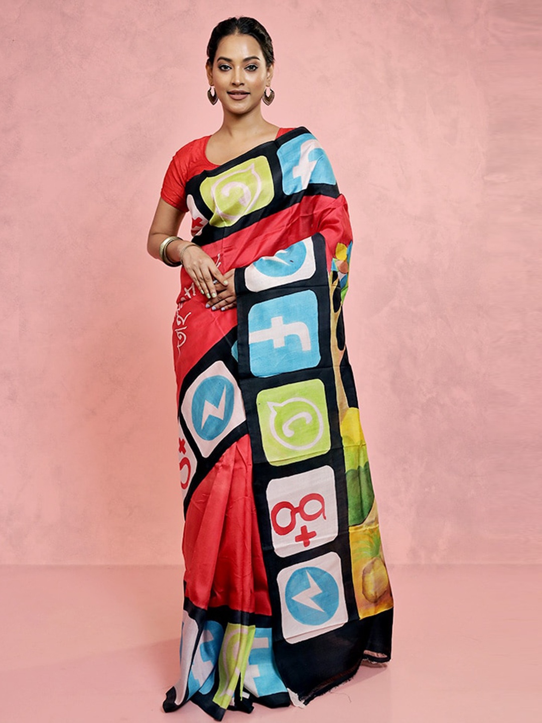

AllSilks Social Media Logos Printed Pure Silk Saree, Red