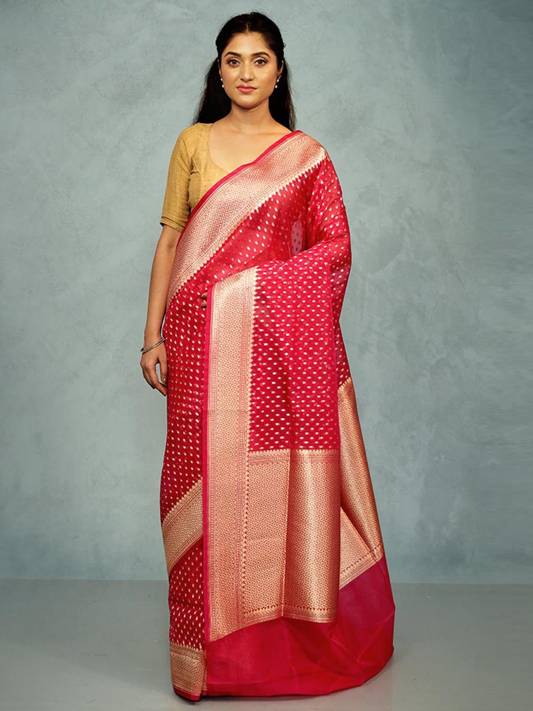 

AllSilks Woven Design Zari Silk Blend Saree, Pink