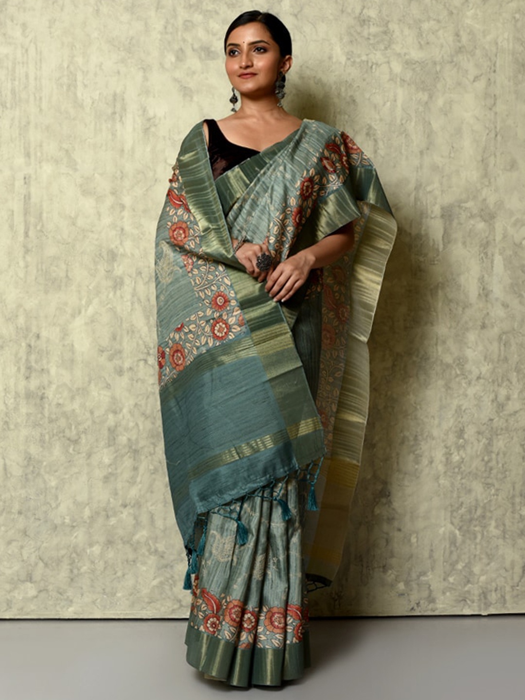 

AllSilks Kalamkari Zari Silk Blend Tussar Saree, Green