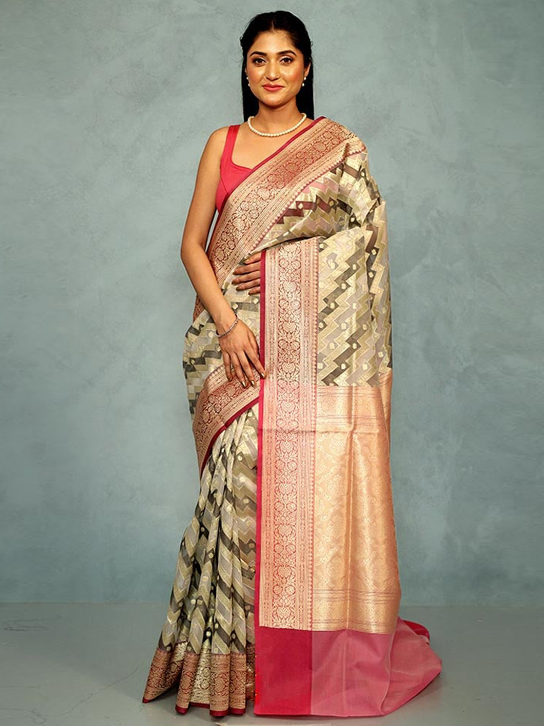 

AllSilks Cream-Coloured & Pink Woven Design Zari Organza Saree
