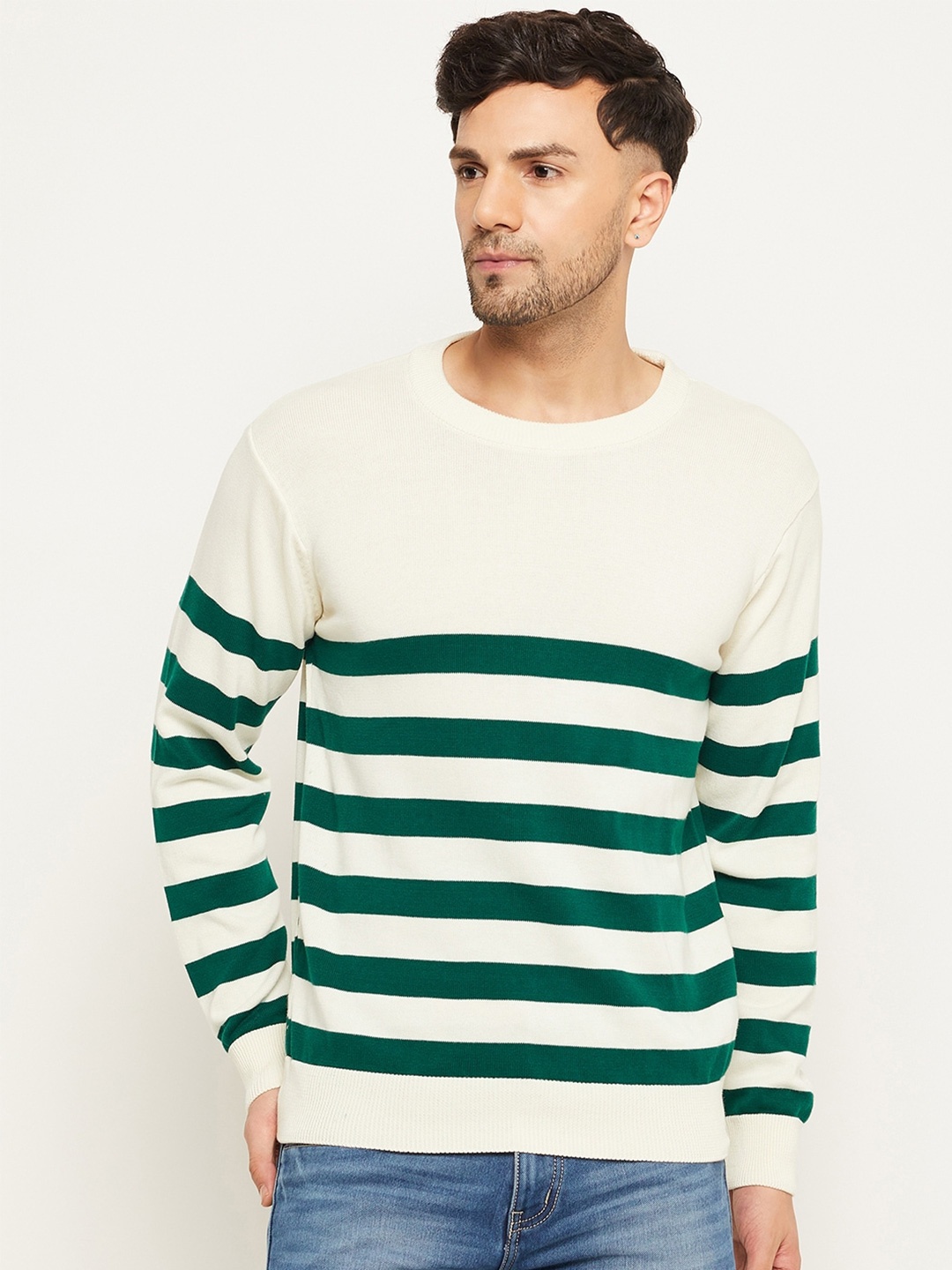 

Club York Striped Round Neck Cotton Pullover, Off white