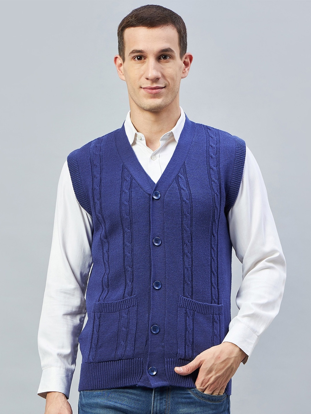 

Club York Cable Knit Self Design Acrylic Cardigan Sweaters, Blue