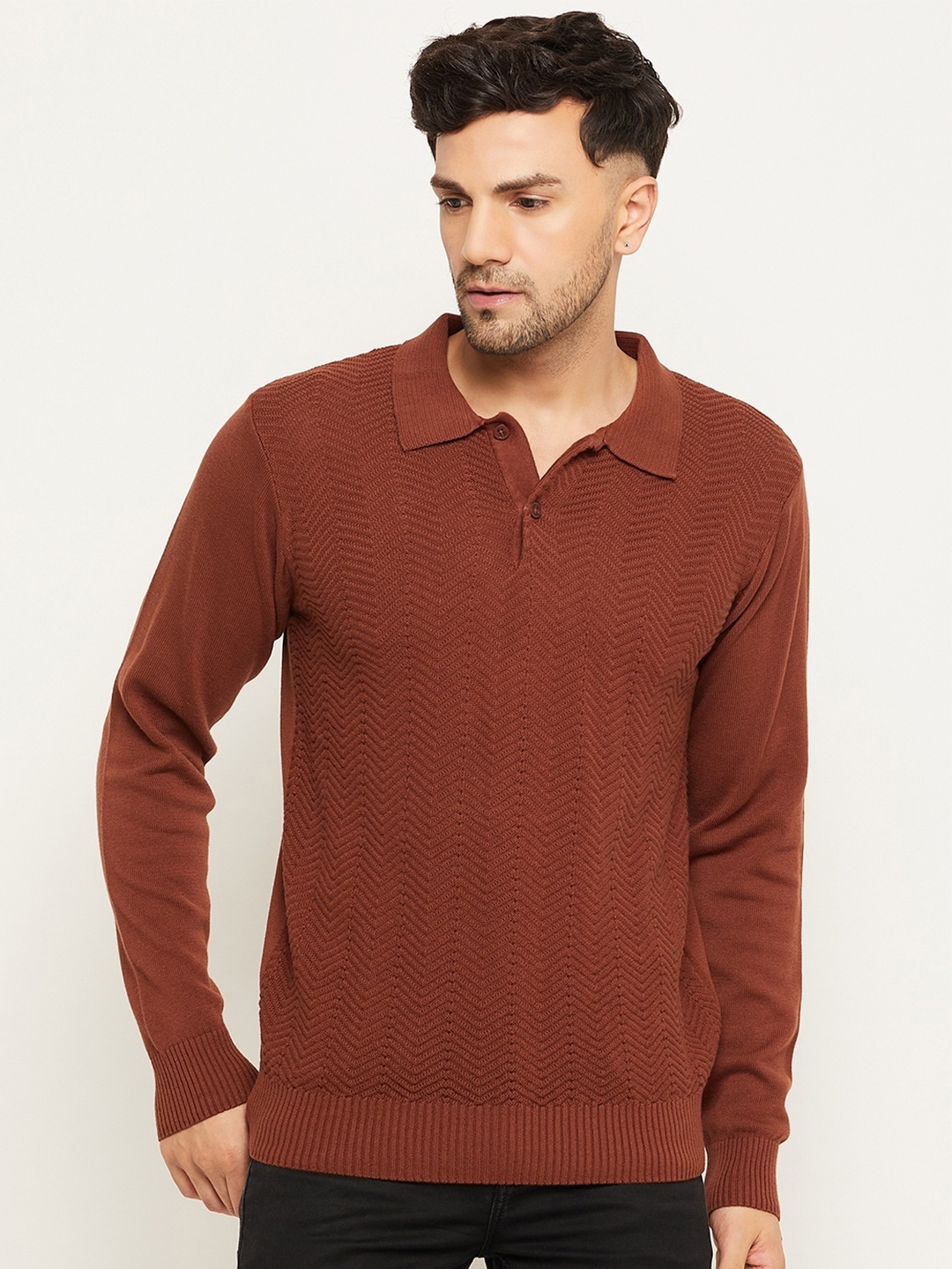 

Club York Cable Knit Self Design Shirt Collar Cotton Pullover Sweaters, Brown