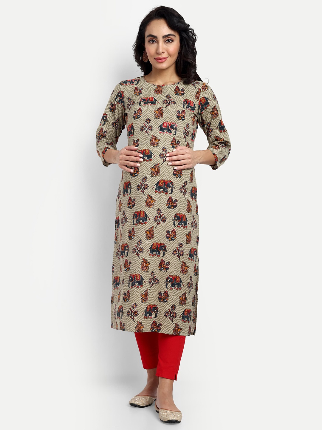 

mumzhug Ethnic Motifs Printed Pure Cotton Maternity Kurta, Beige