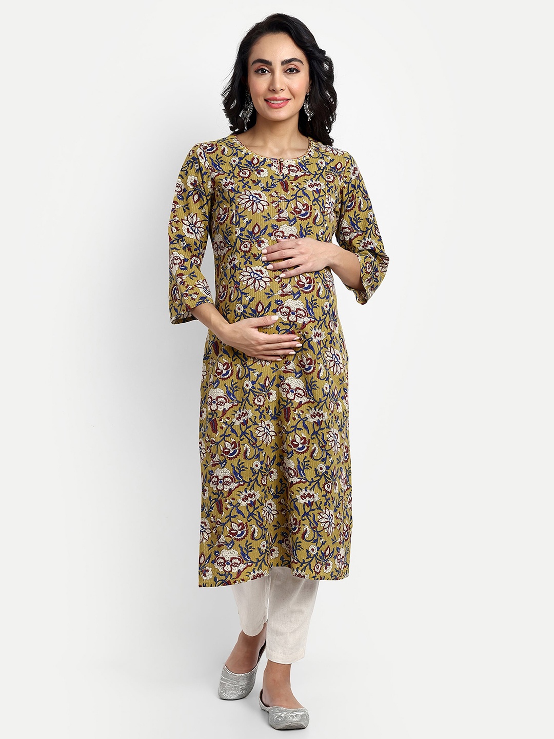 

mumzhug Floral Printed Pure Cotton Maternity Kurta, Mustard