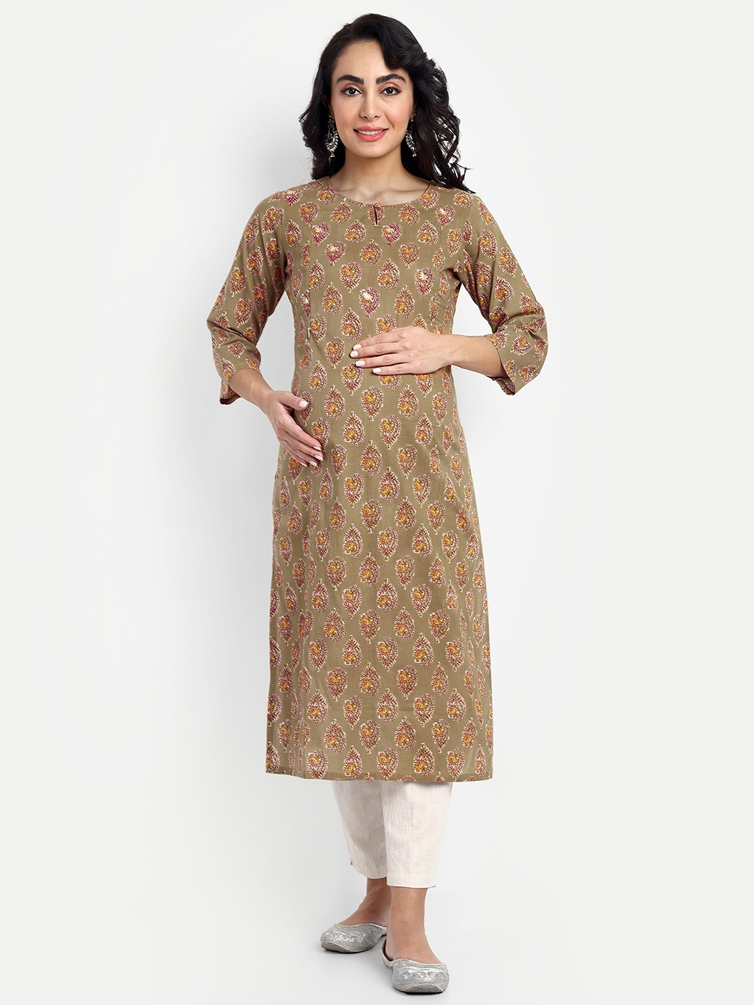 

mumzhug Ethnic Motifs Printed Maternity & Feeding Pure Cotton Kurta, Olive