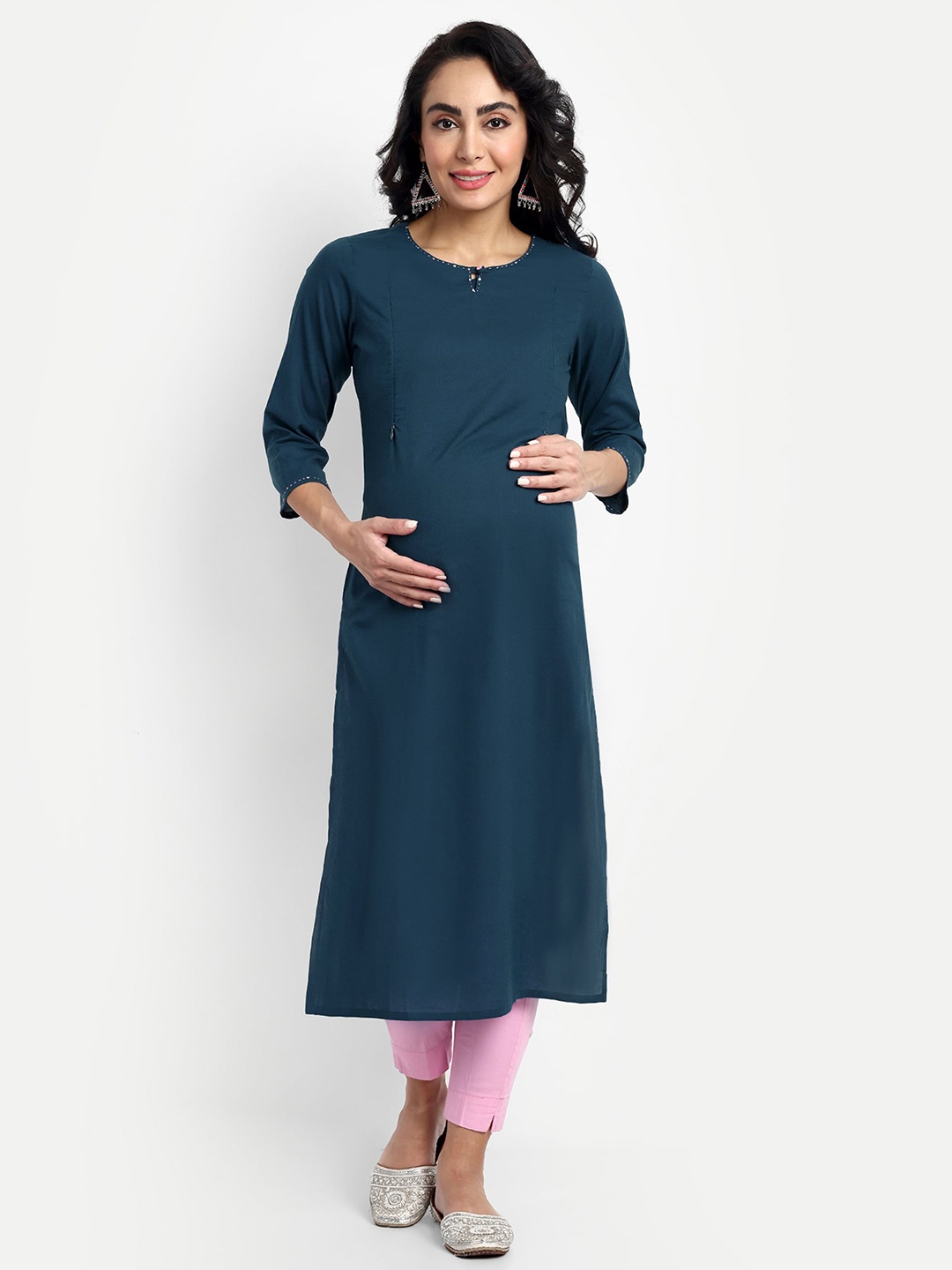 

mumzhug Keyhole Neck Pure Cotton Maternity & Feeding Kurta, Blue