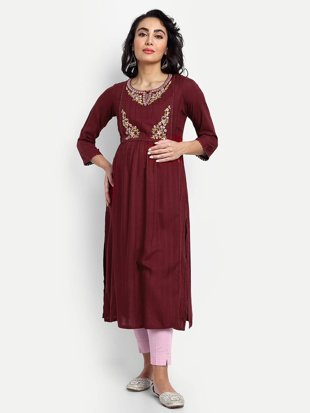 

mumzhug Floral Yoke Design Thread Work Maternity Kurta, Maroon