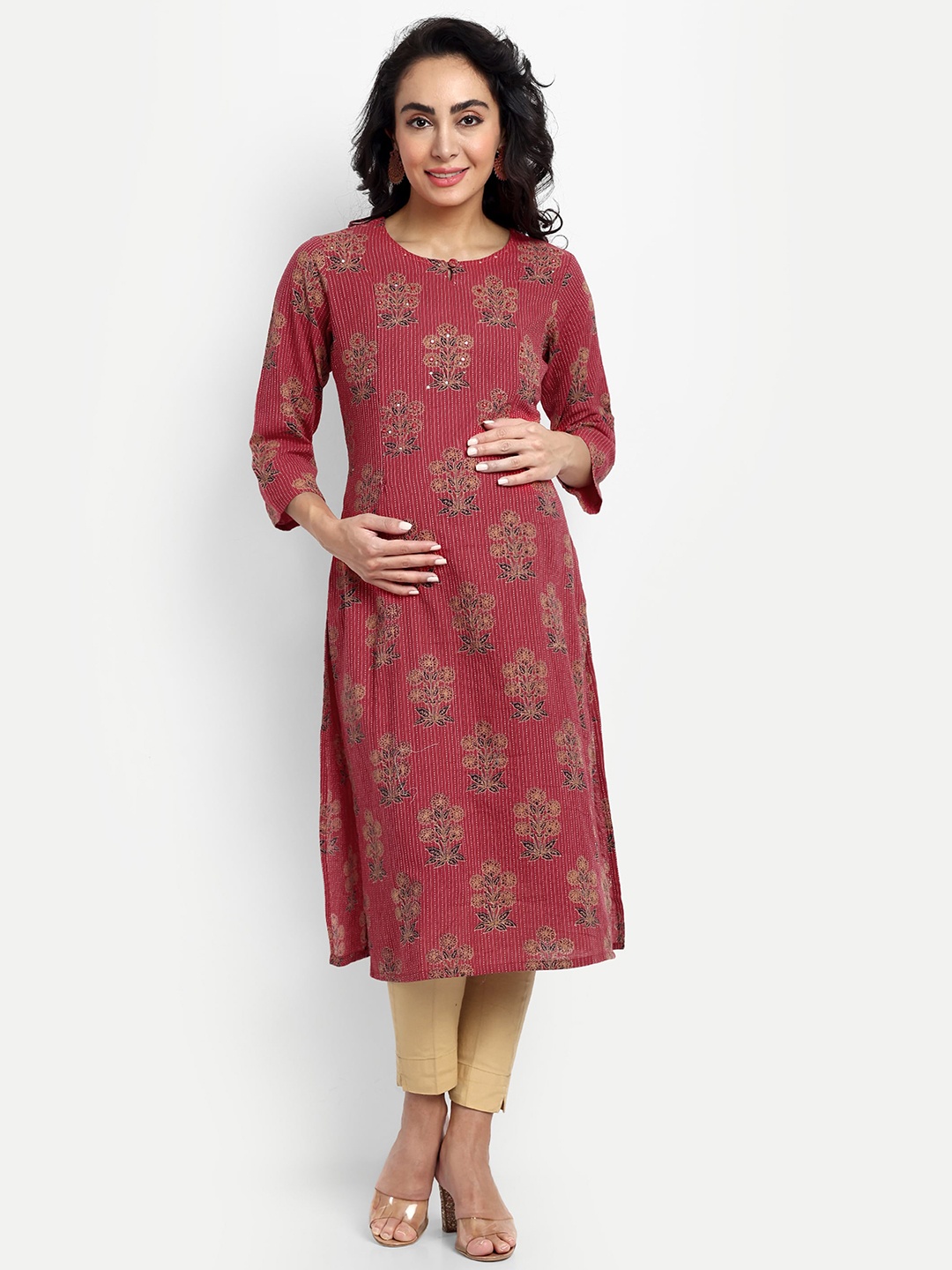 

mumzhug Ethnic Motifs Printed Pure Cotton Maternity Kurta, Red