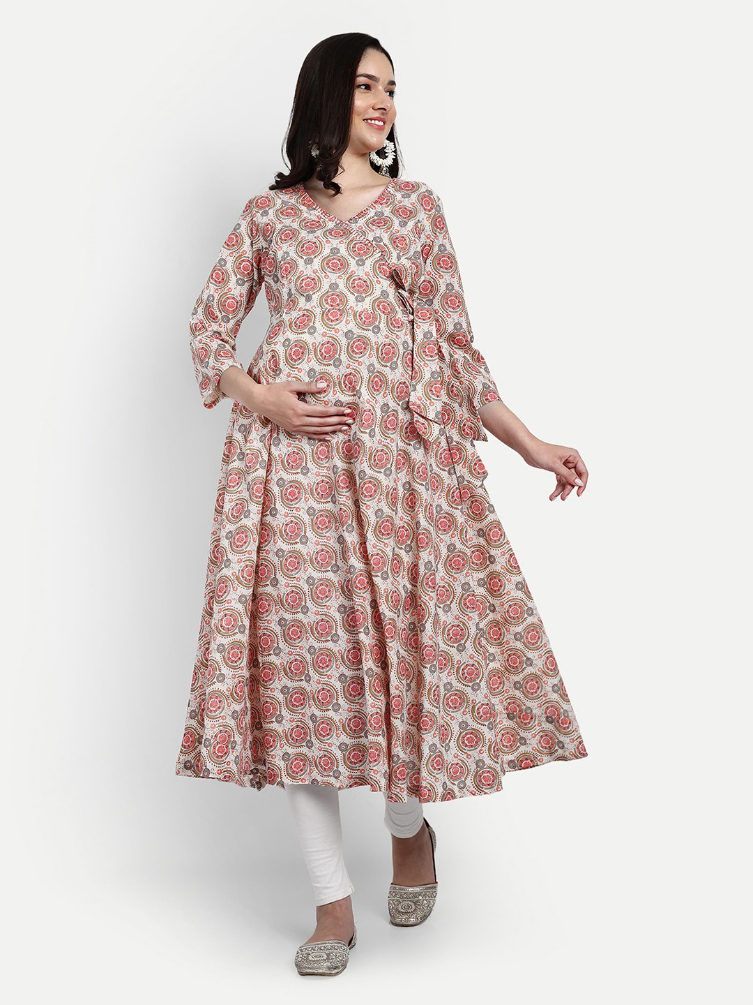 

mumzhug Ethnic Motifs Printed Anarkali Maternity Pure Cotton Kurta, Beige
