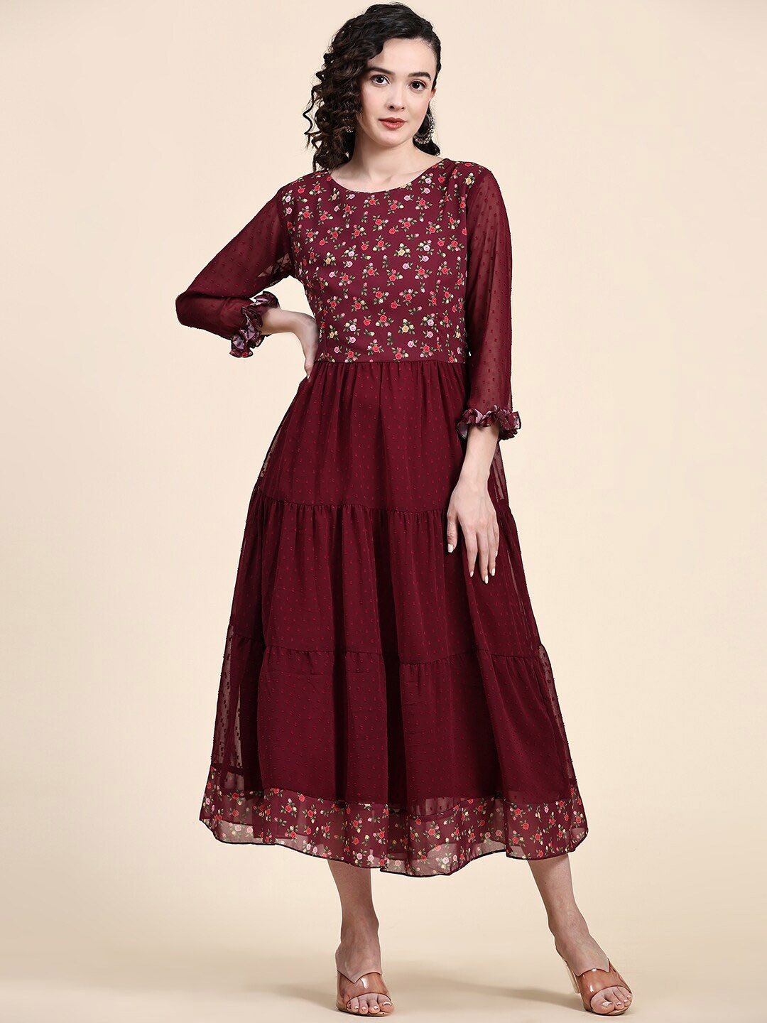 

BLACK SCISSOR Floral Printed Tiered Fit and Flare Midi Ethnic Dress, Maroon
