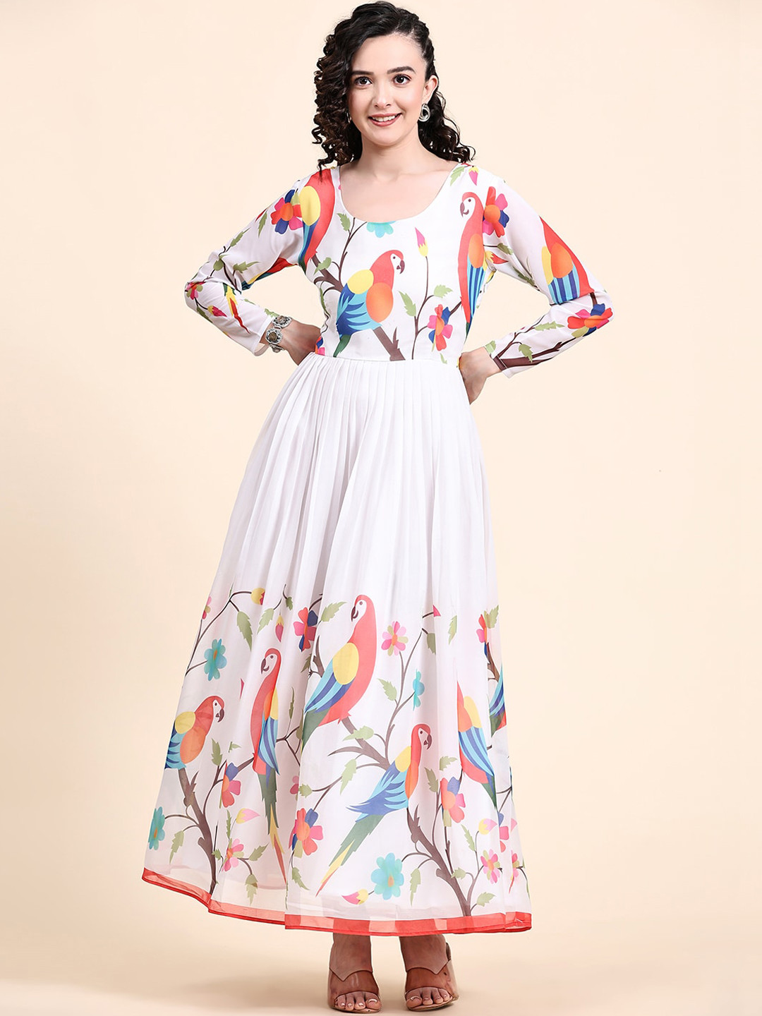 

BLACK SCISSOR Printed Pleated Ethnic Maxi Gown, White