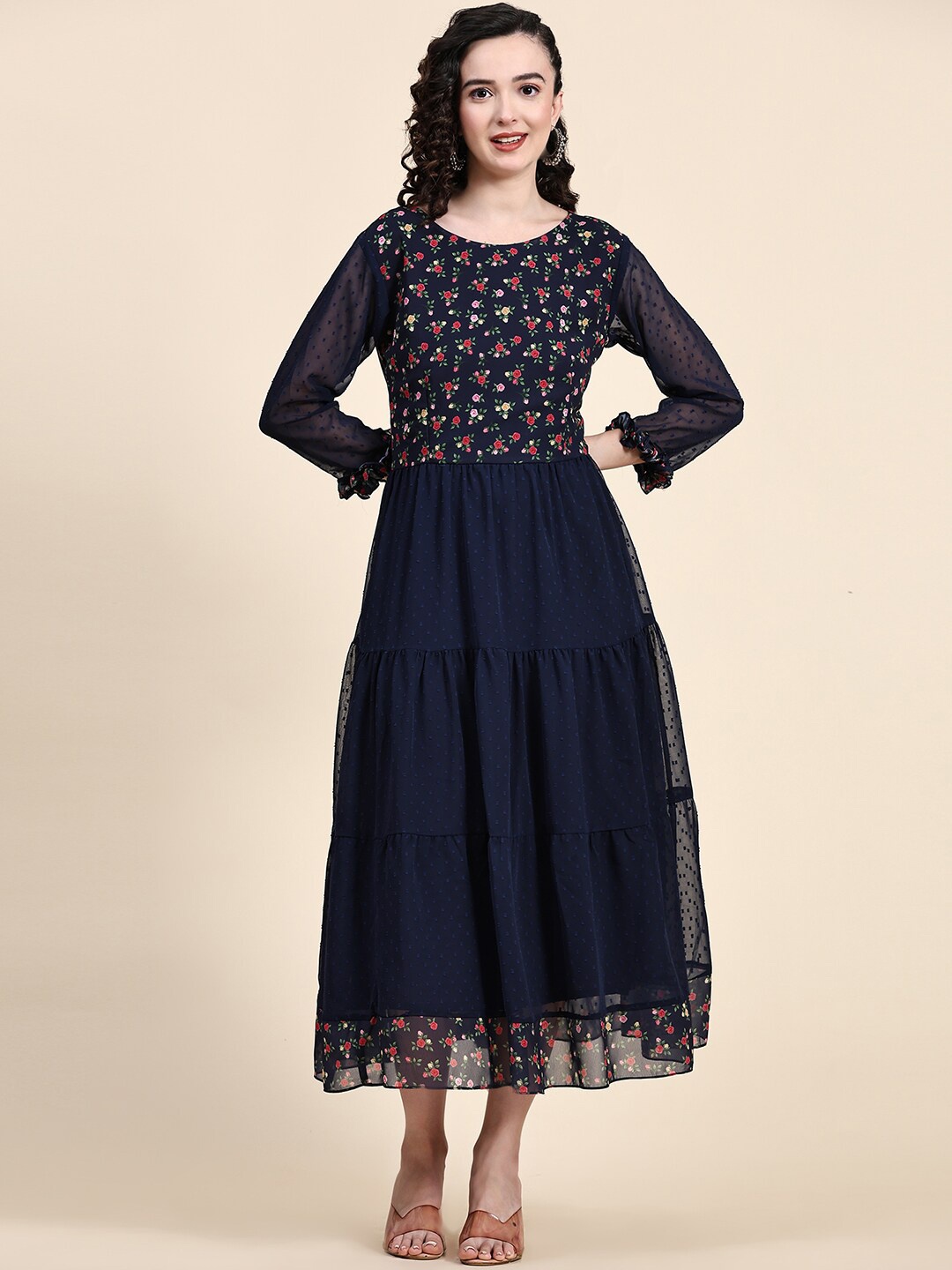 

BLACK SCISSOR Floral Printed Tiered Georgette Midi Fit & Flared Ethnic Dresse, Navy blue