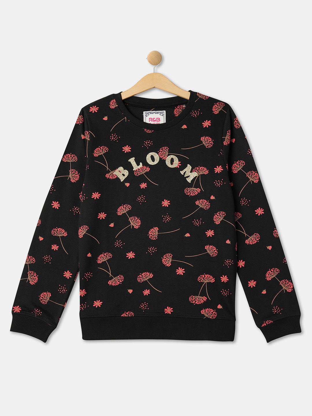 

R&B Girls Floral Printed Cotton Pullover Sweatshirt, Black