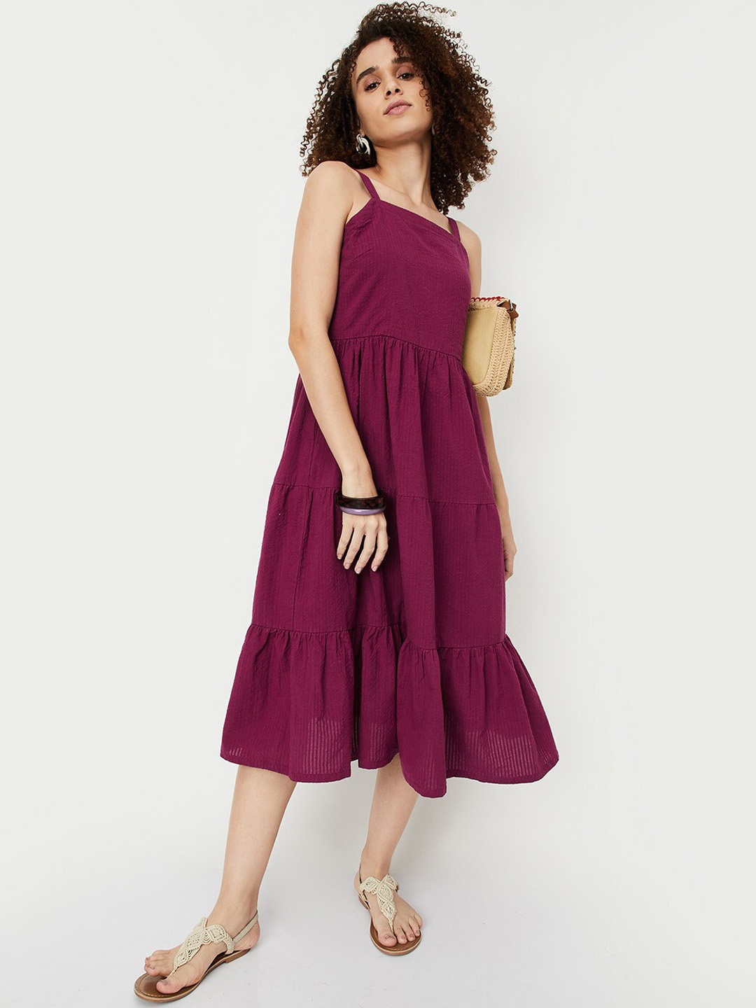 

max Shoulder Straps Pure Cotton Fit and Flared Dress, Purple