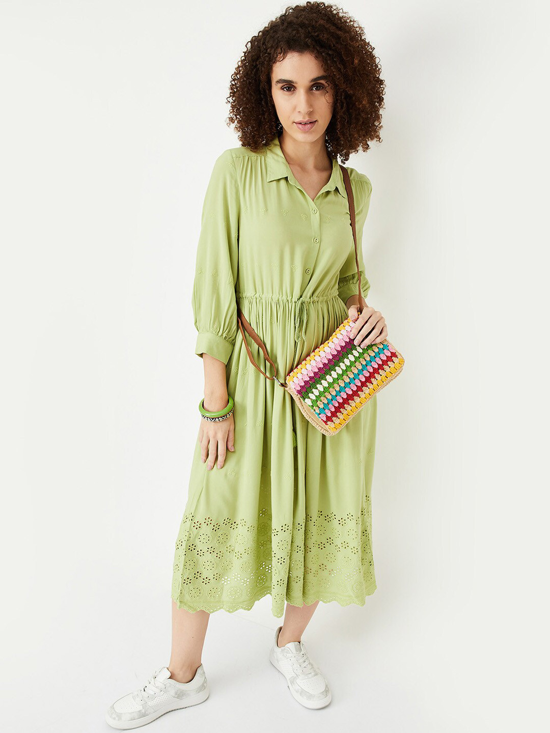 

max Shirt Collar Pure Cotton Midi Shirt Dress, Green