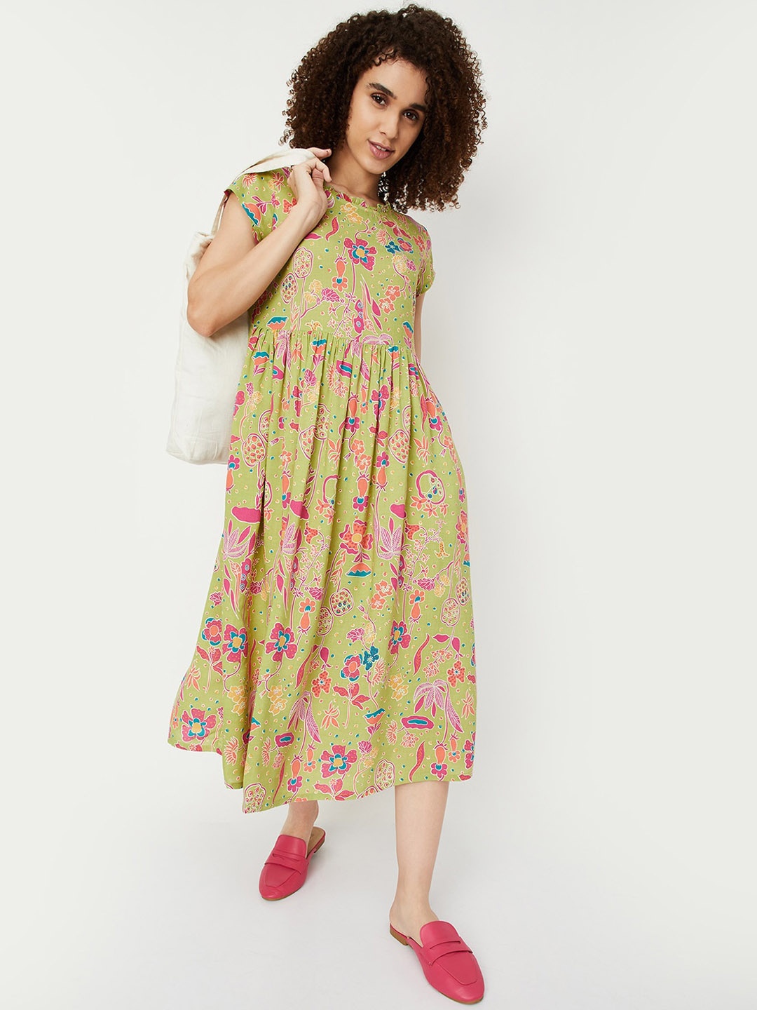 

max Floral Printed Fit & Flare Midi Dress, Green